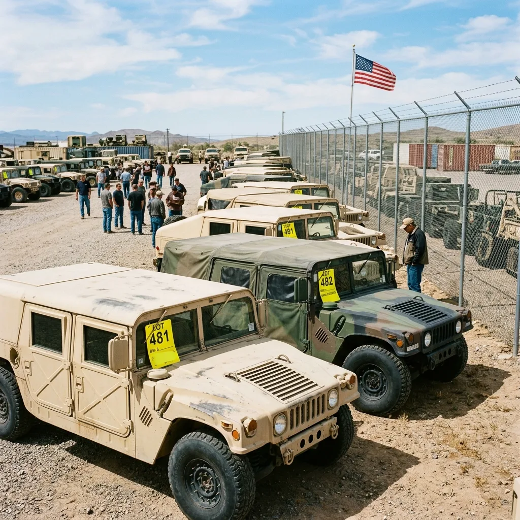 Government surplus auction lot with multiple HMMWV variants including M998 and M1097 with auction tags