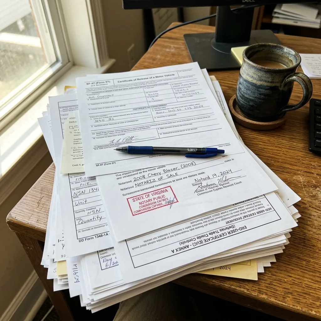 Stack of HMMWV titling documents including SF-97 certificate DD Form 1348-1A notarized bill of sale and EUC clearance
