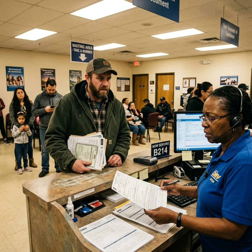 DMV counter clerk looking confused at HMMWV military vehicle title paperwork, state DMV rejection scene
