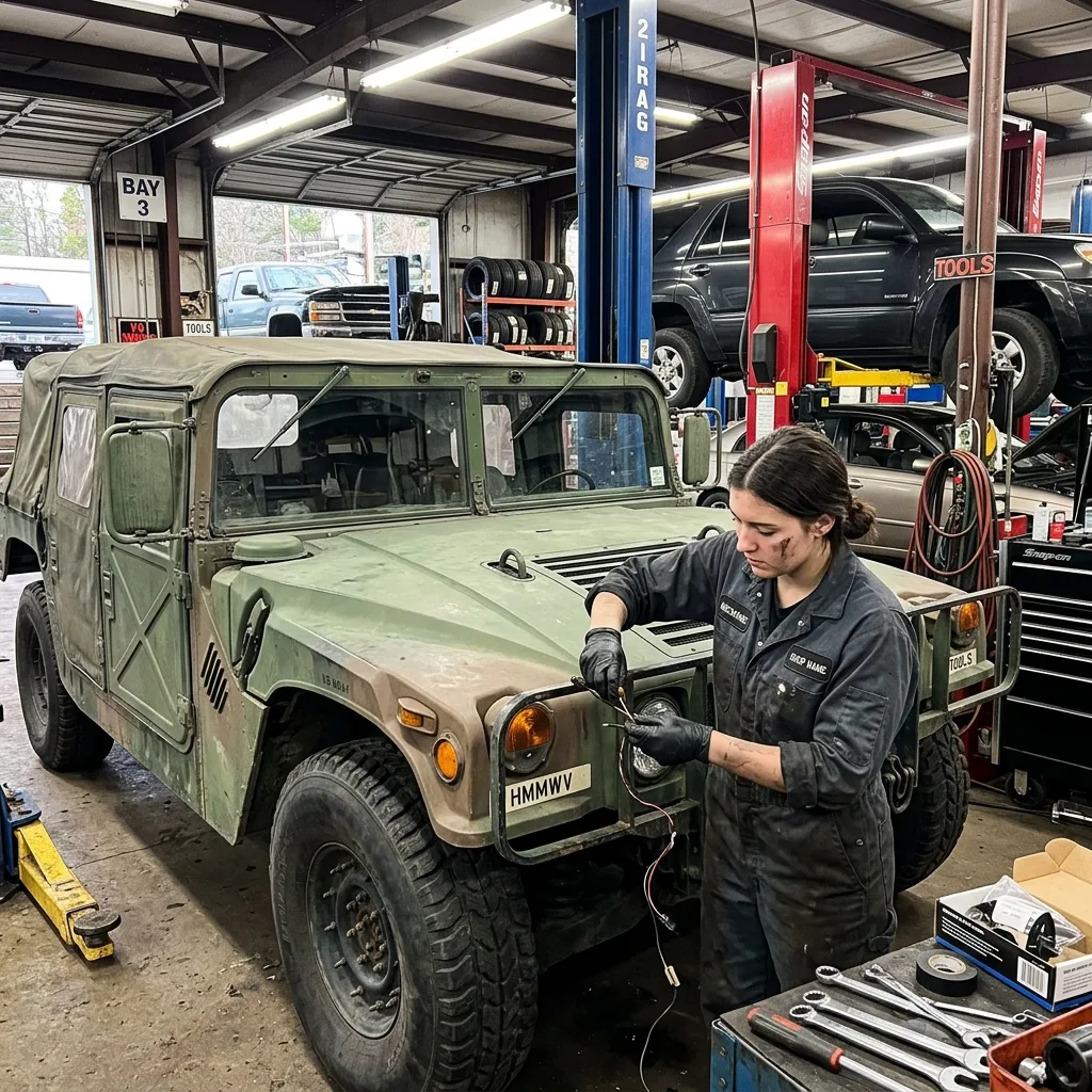 Military HMMWV M998 in automotive shop getting civilian turn signal and DOT lighting modifications installed