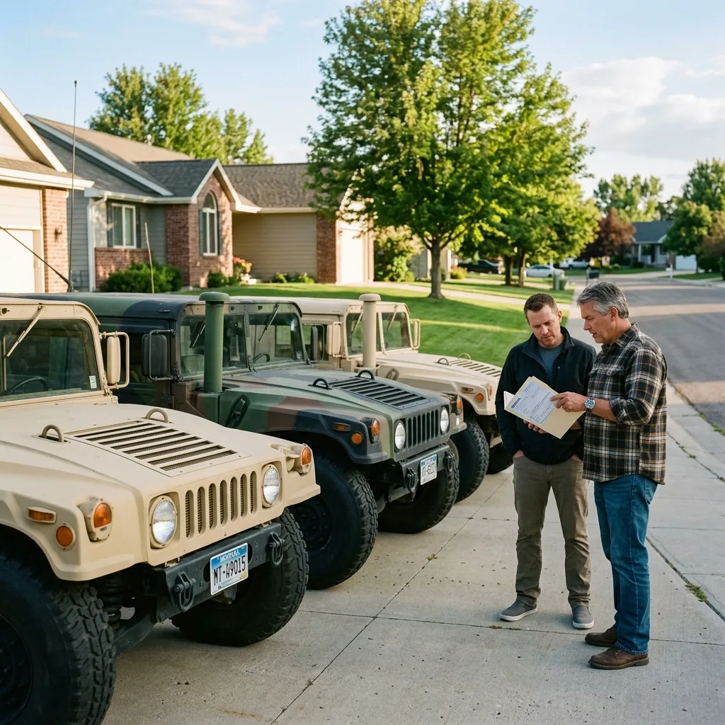 Three military HMMWV vehicles with Montana license plates parked together, surplus vehicle collector with registration documents