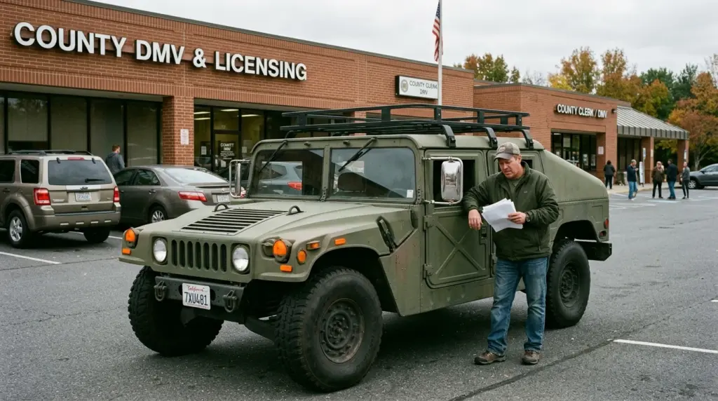 Fully converted HMMWV M998 with civilian turn signals and mirrors parked outside county DMV office