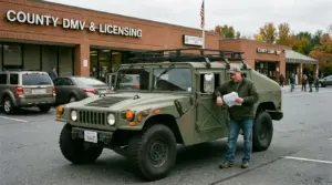 Fully converted HMMWV M998 with civilian turn signals and mirrors parked outside county DMV office