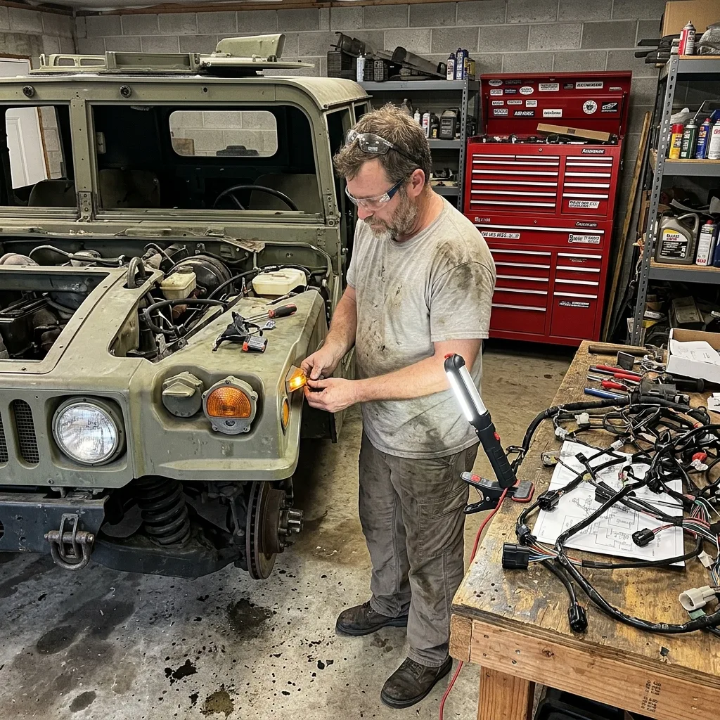 Person in home garage installing amber LED turn signal on HMMWV M998 with Novita EG-22 relay for 24-volt street legal conversion