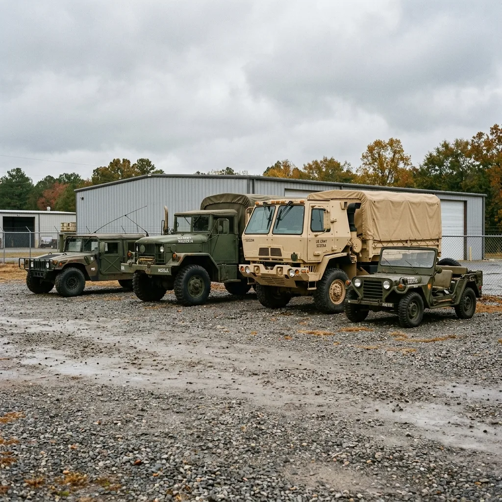 Four military surplus vehicles in row — HMMWV M998 M35 deuce-and-a-half LMTV cab-over and M151 MUTT jeep at gravel lot
