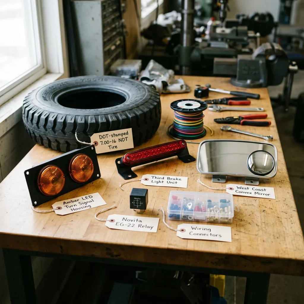 Workbench with military vehicle street legal conversion parts — DOT turn signals CHMSL mirrors DOT tires Novita relay for HMMWV build
