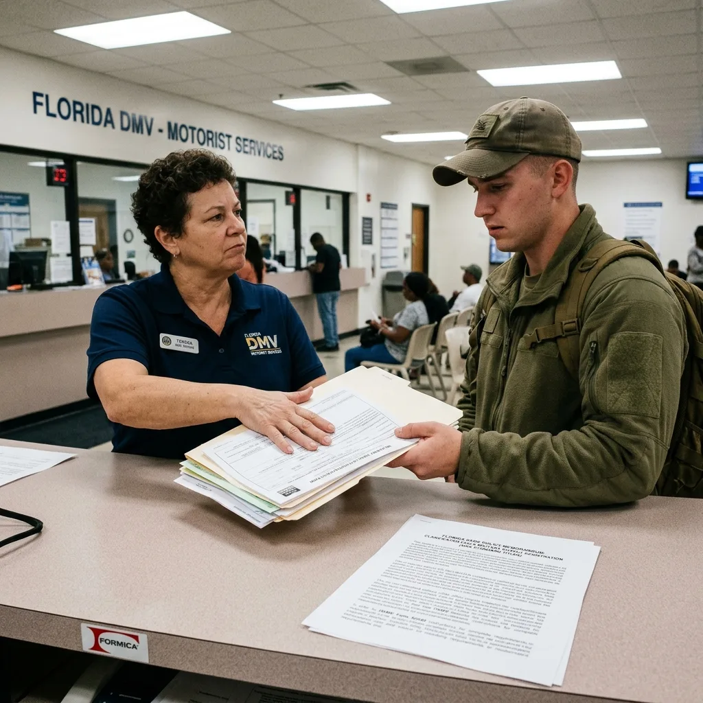 Person at state DMV counter with military vehicle paperwork being rejected by clerk with DMV policy memo on counter