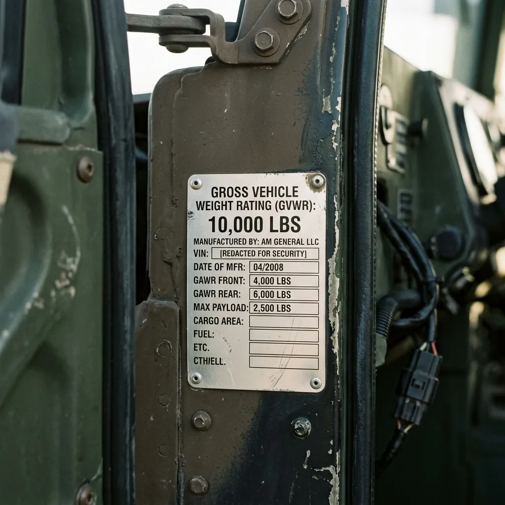 Close-up of GVWR placard on HMMWV M998 door jamb showing 10000 lb rating qualifying for state emissions exemptions