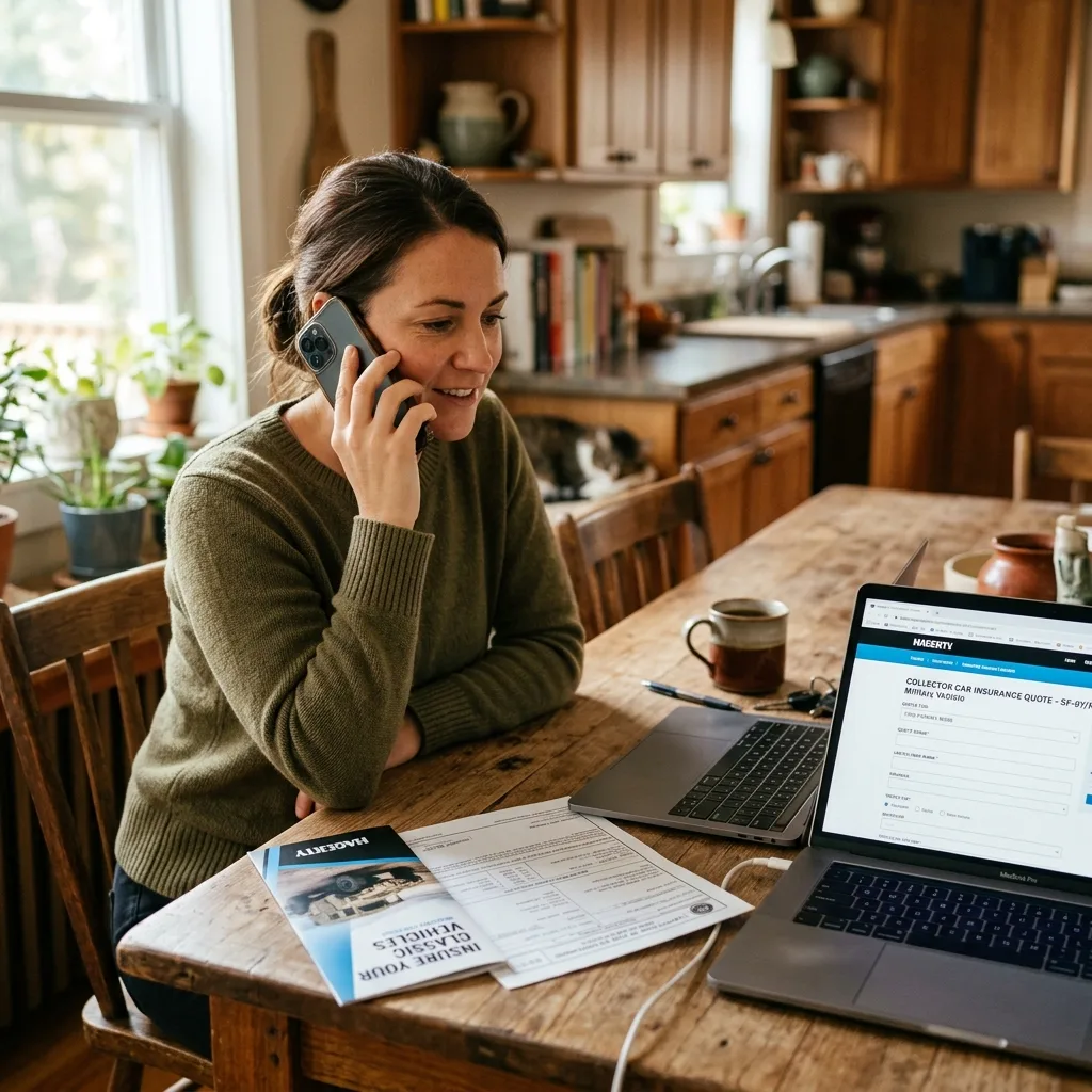 Person on phone reviewing Hagerty insurance brochure and SF-97 military vehicle document for classic vehicle insurance quote