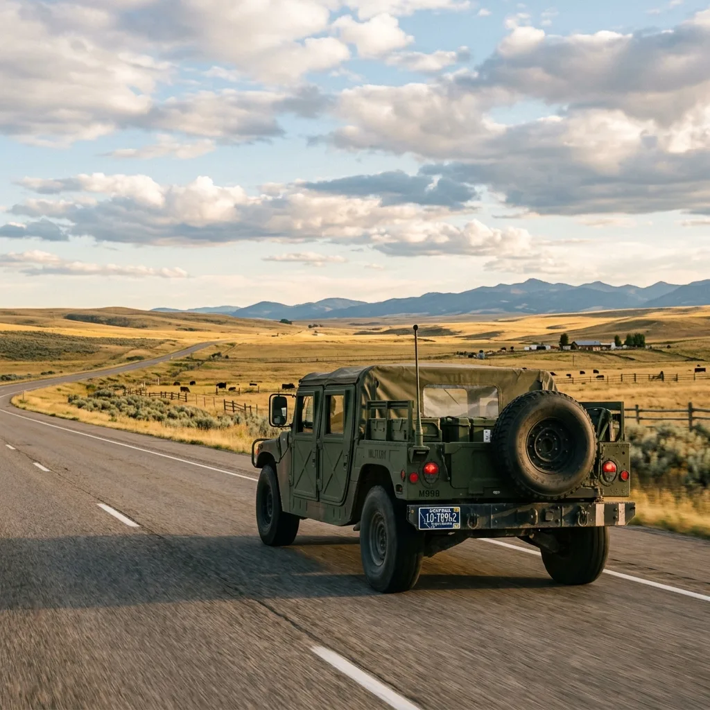Olive drab HMMWV M998 with Montana license plate driving on open Montana highway with Big Sky landscape and ranch land