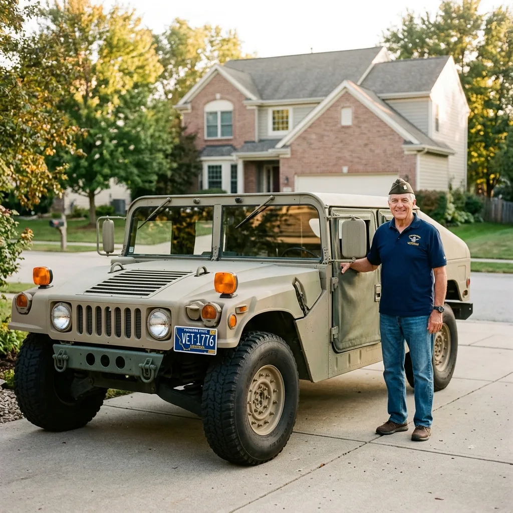 Military veteran standing beside fully converted HMMWV M998 with Montana license plate and civilian amber turn signals in driveway
