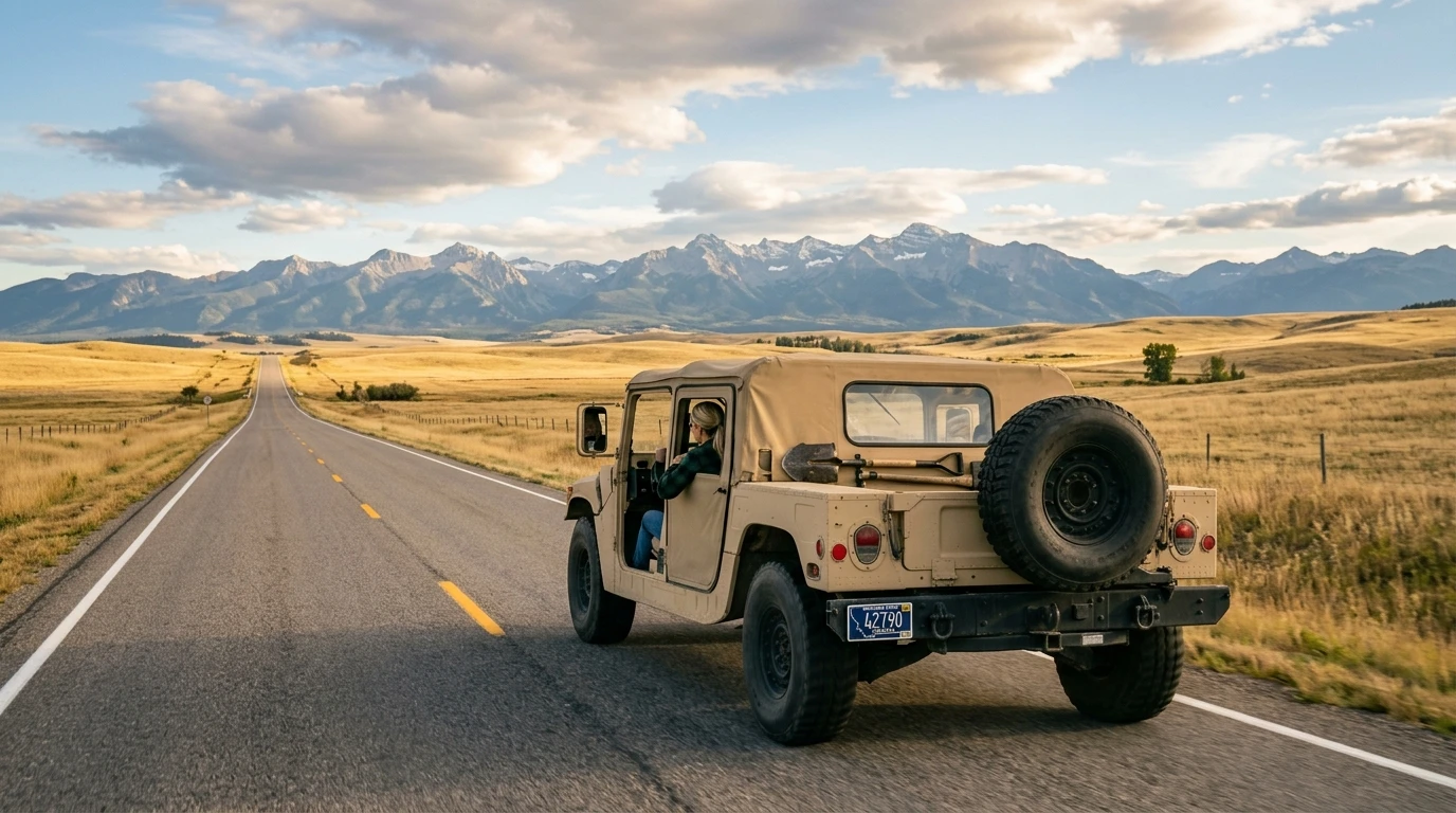 SF-97 Montana LLC vehicle registration — HMMWV M998 driving on Montana highway with Montana permanent license plate, Big Sky landscape