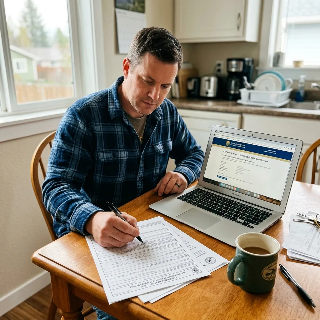 Person reviewing SF-97 federal title document at kitchen table with Montana LLC formation confirmation on laptop screen