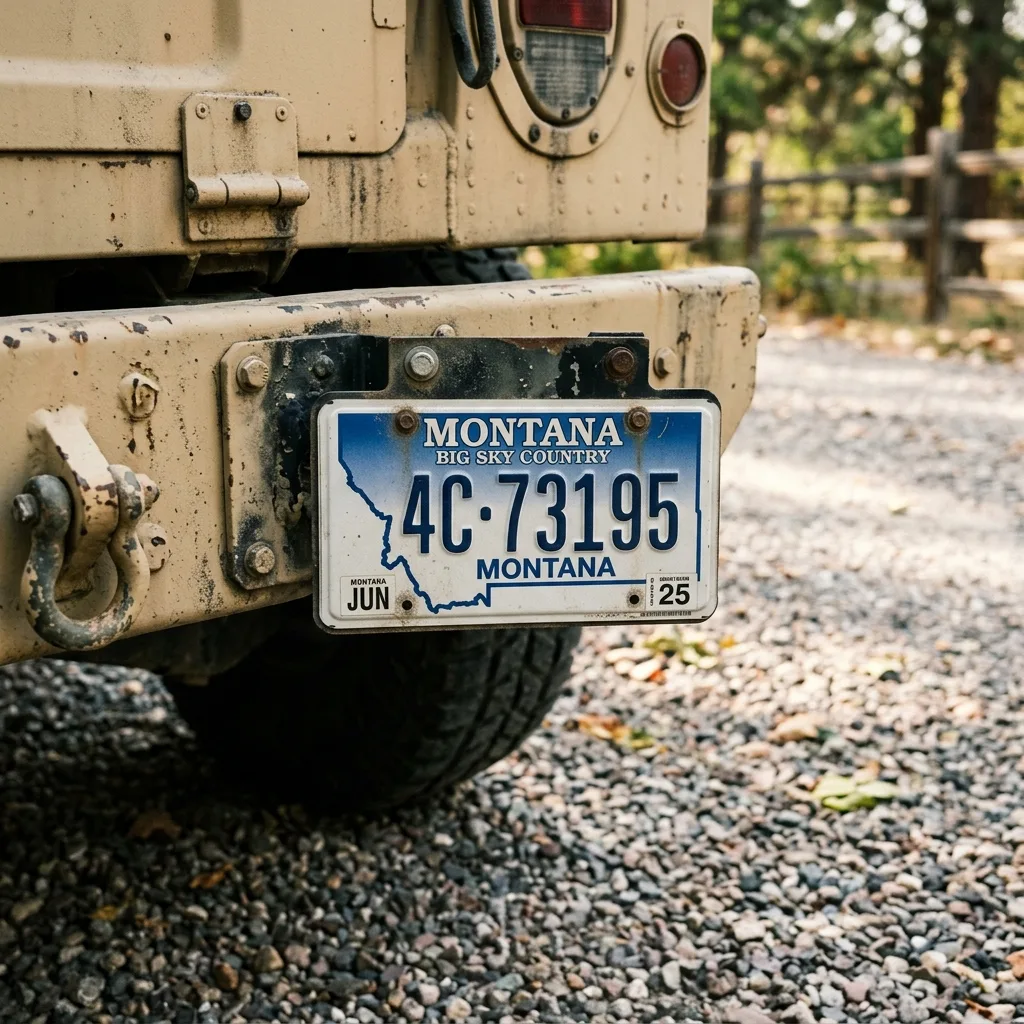 Montana permanent license plate close-up on rear bumper of tan HMMWV M998 military surplus vehicle — one-time registration that never expires
