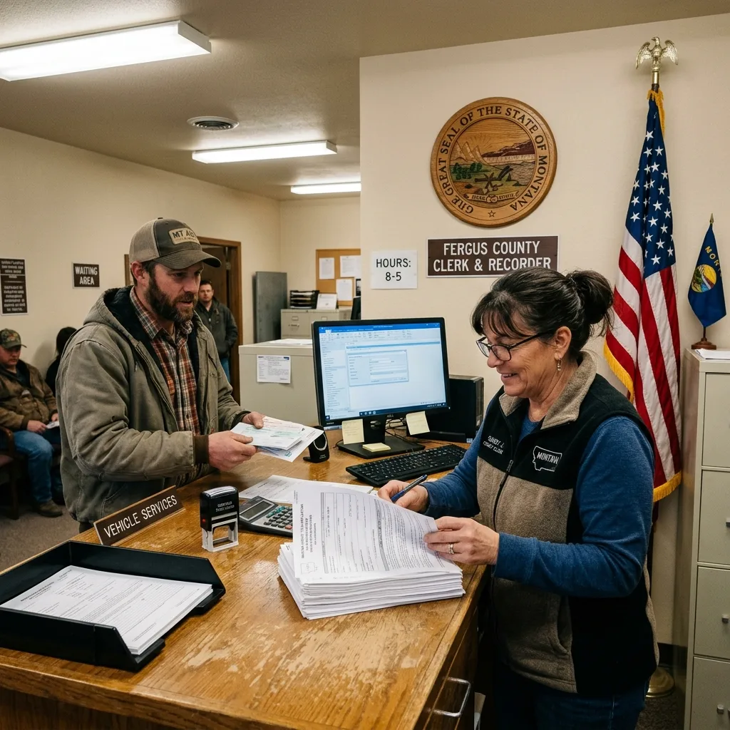 Montana county government office counter with clerk reviewing SF-97 federal vehicle title document for military surplus HMMWV registration