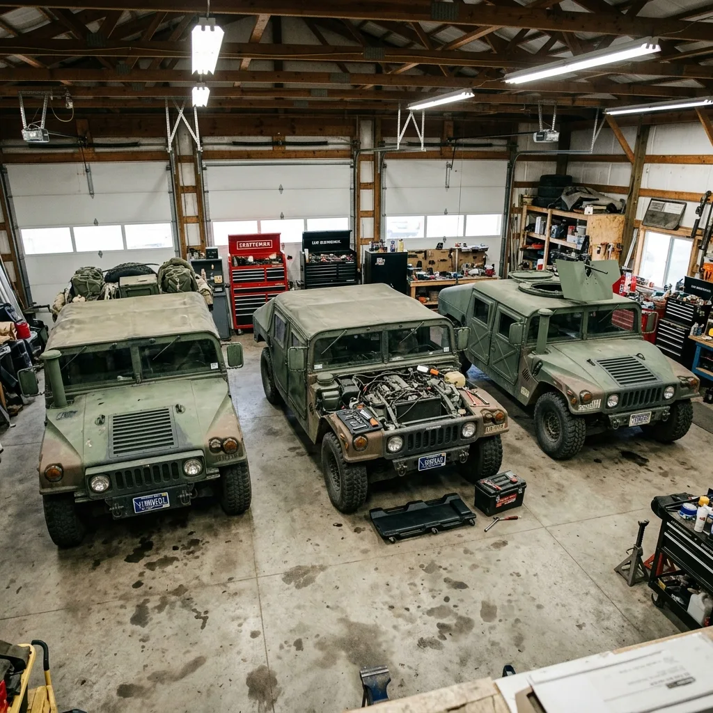 Three olive drab HMMWV military surplus vehicles parked in collector garage with Montana license plates — one Montana LLC holds all vehicles with permanent registration