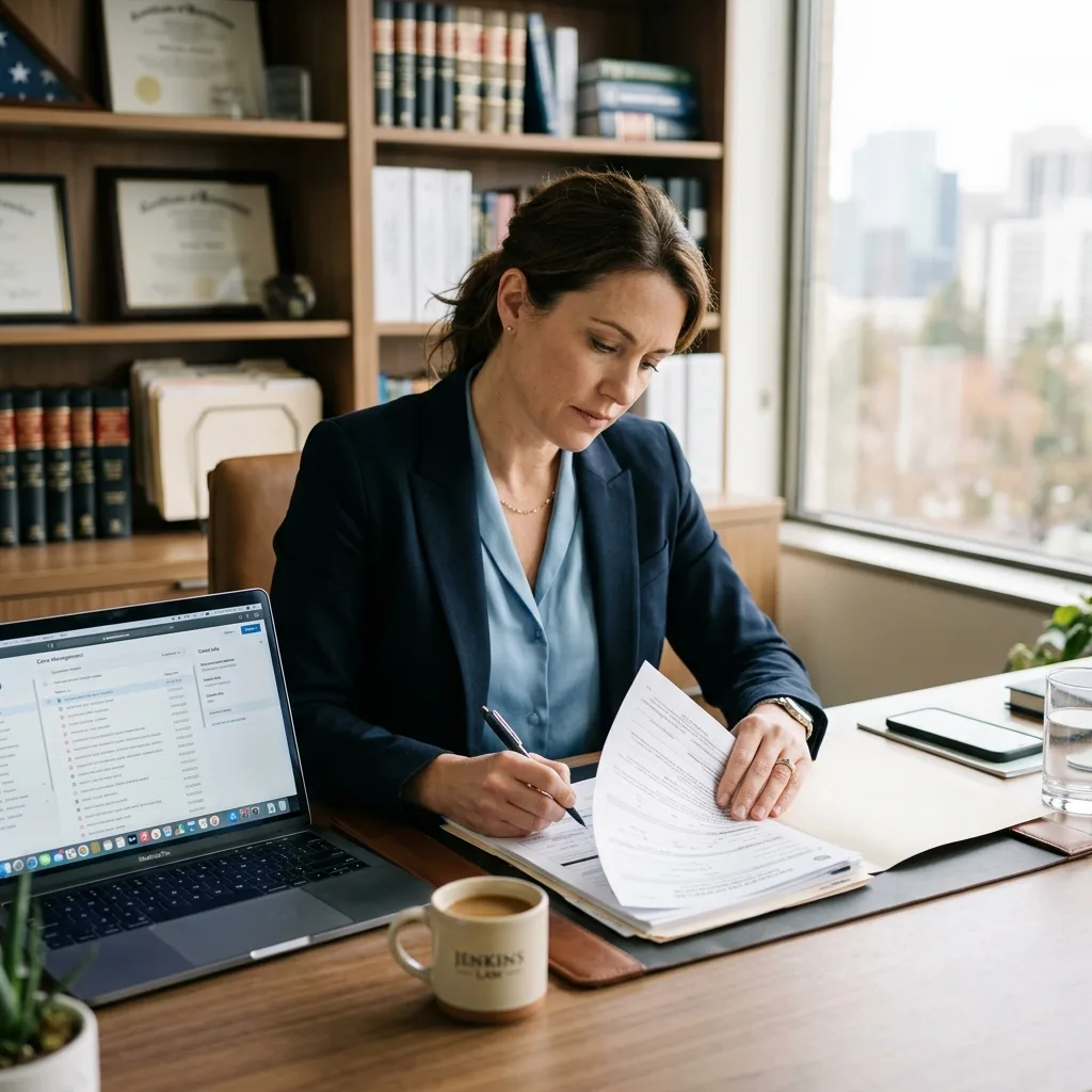 Professional reviewing SF-97 vehicle registration paperwork with laptop for Montana LLC formation through Zero Tax Tags service — online intake process