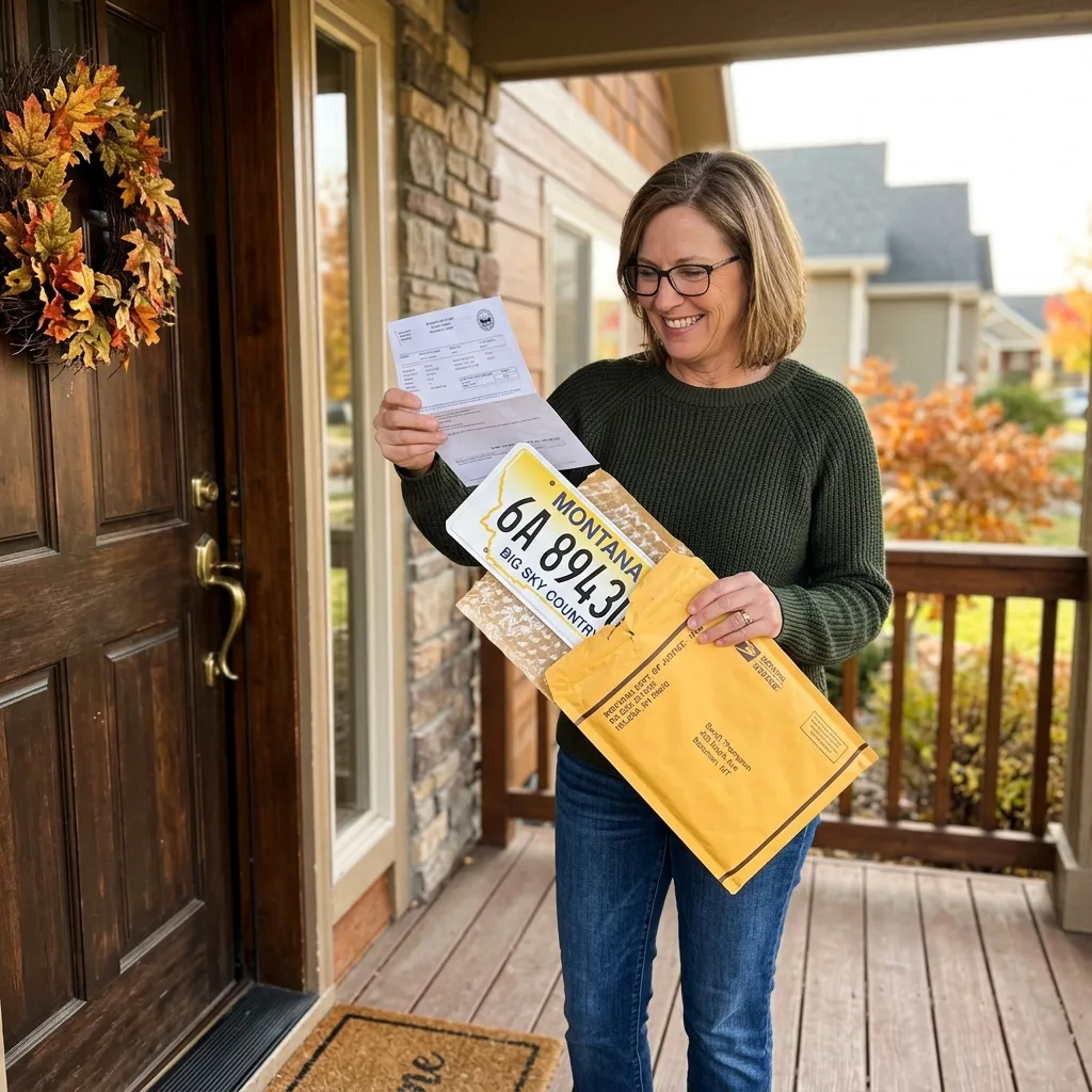 Person at front door receiving Montana permanent license plate and title documents in padded envelope after 7-day SF-97 Montana LLC registration process