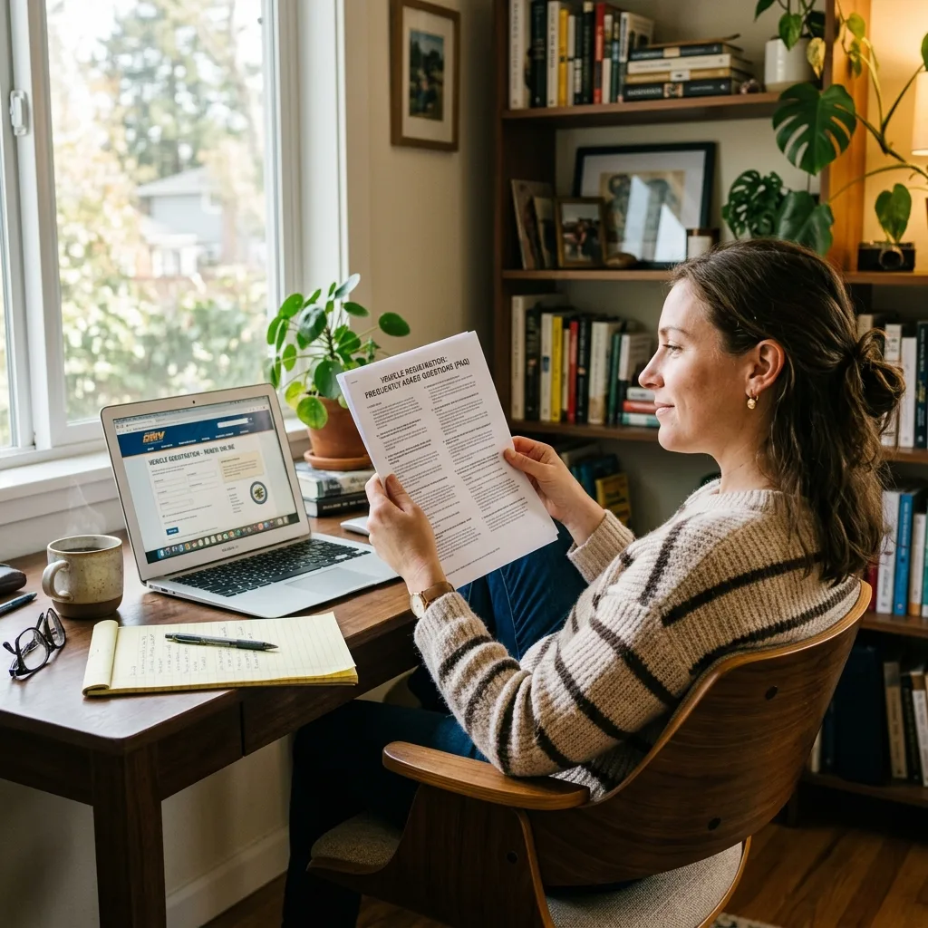 Vehicle owner reviewing FAQ about Montana LLC SF-97 registration on laptop — answers about permanent plates, legality, timeline, and multi-vehicle collector strategy