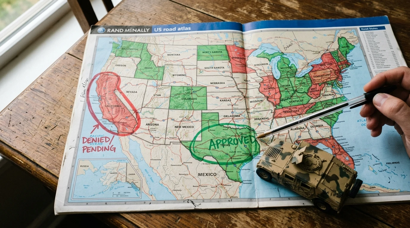 US road map color-coded by SF-97 titling tier — green friendly states, red restricted states, government surplus vehicle titling guide