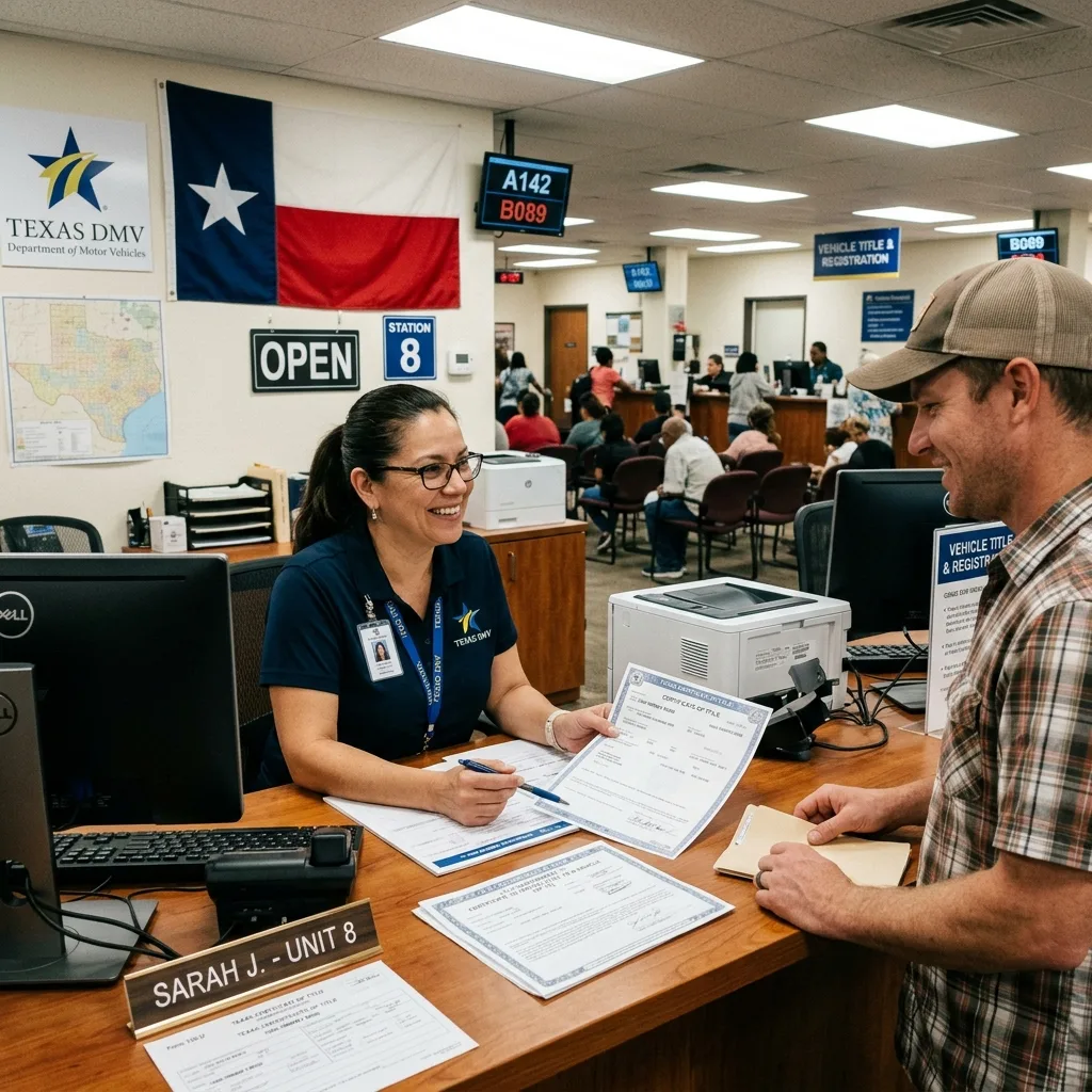 Texas DPS clerk processing SF-97 government surplus vehicle title at DMV counter, Tier 1 friendly state