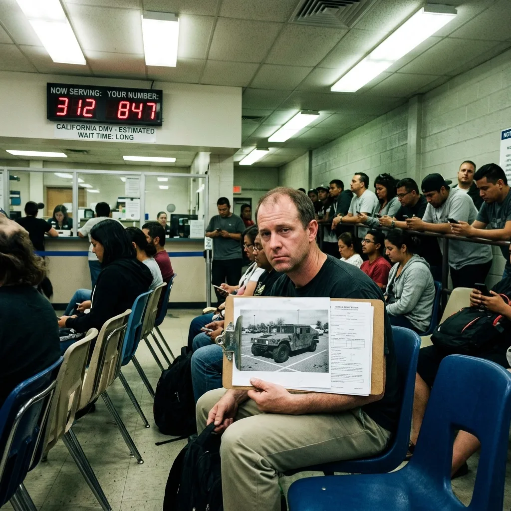 Long line at California DMV, frustrated buyer holding surplus vehicle title paperwork, Tier 4 state complexity