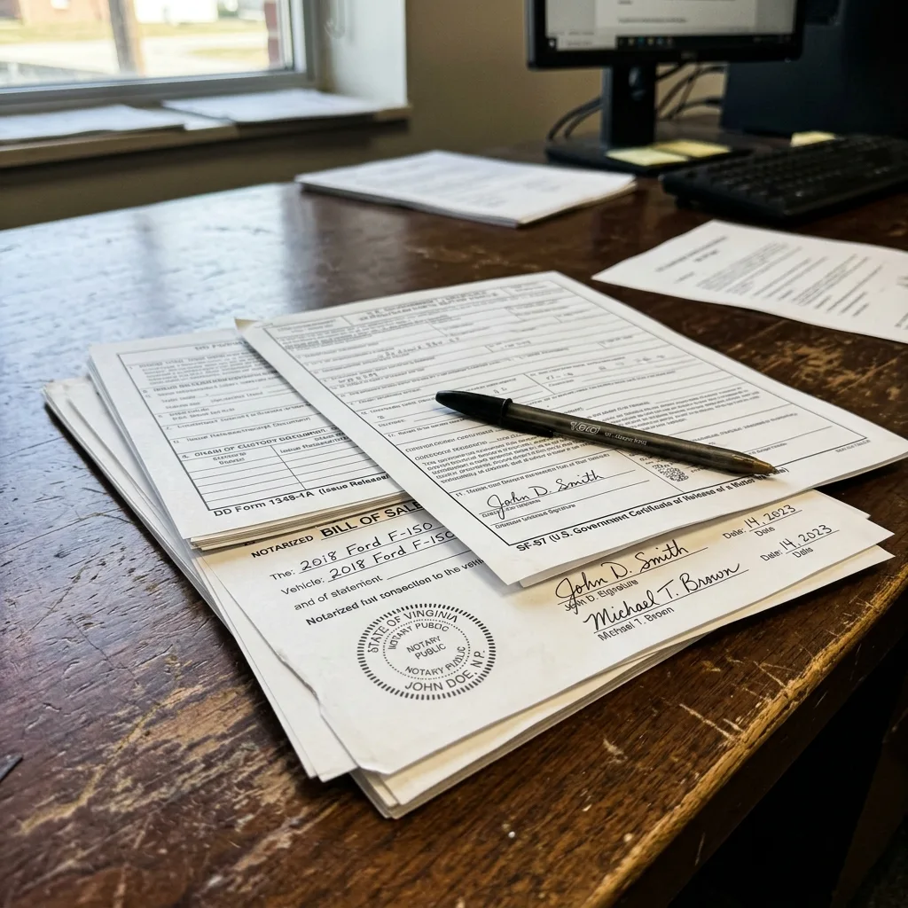 Stack of SF-97 certificate DD Form 1348-1A and notarized bill of sale required for government surplus vehicle titling
