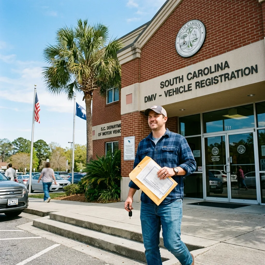 South Carolina DMV office exterior, Tier 2 state with 500 dollar sales tax cap on surplus vehicles