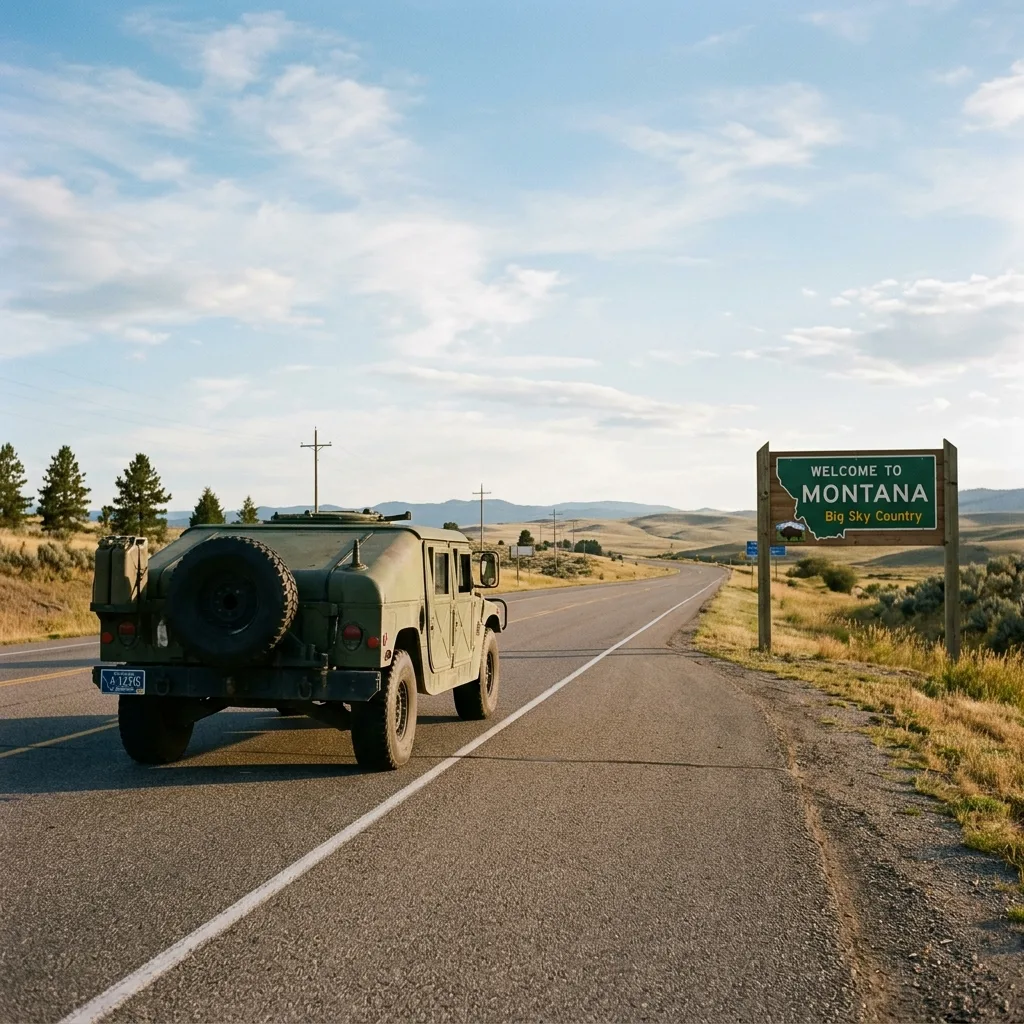 Military HMMWV M998 crossing Welcome to Montana sign on highway, Montana LLC surplus vehicle registration solution