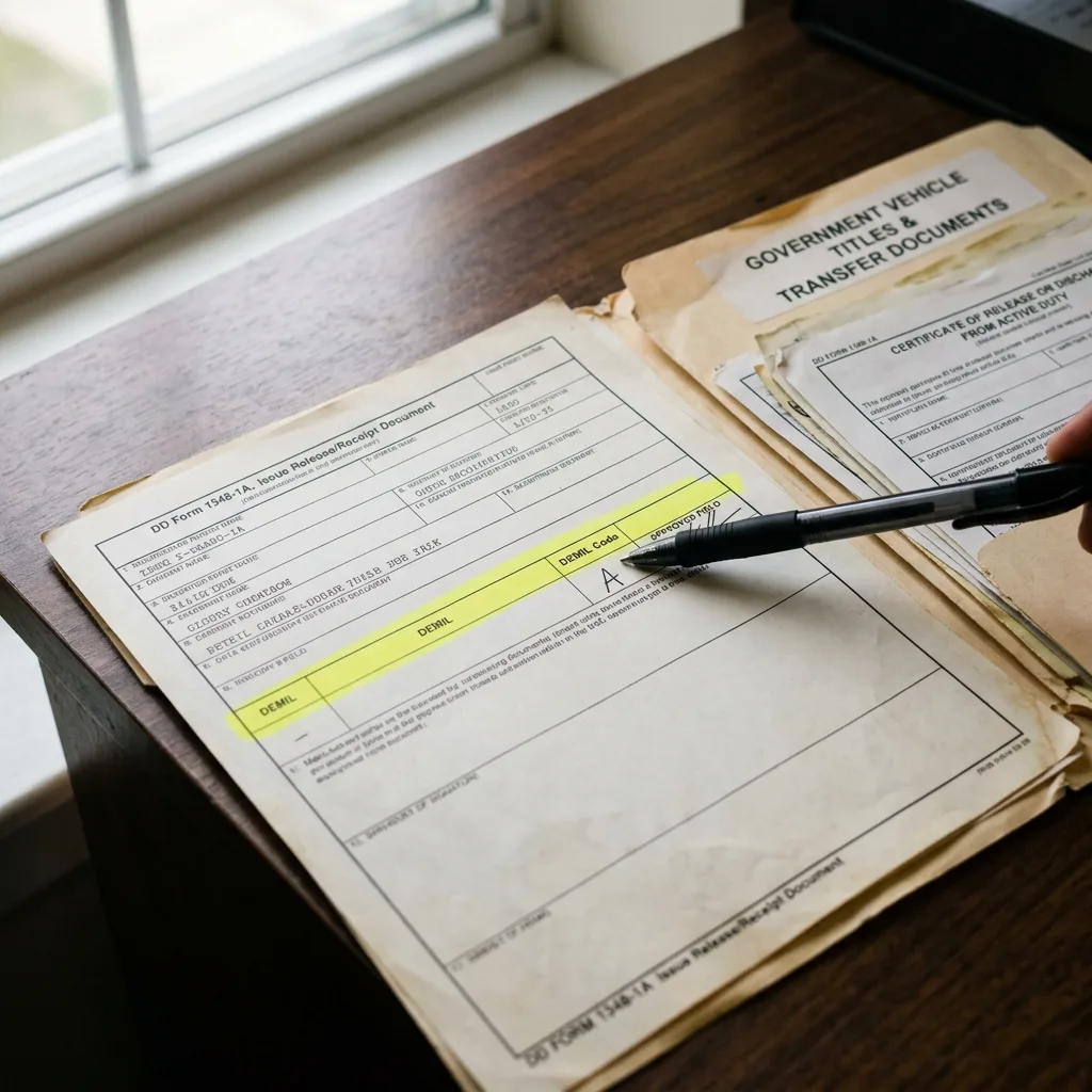 Close-up of DD Form 1348-1A military surplus release document with DEMIL code A highlighted, government vehicle title prerequisite
