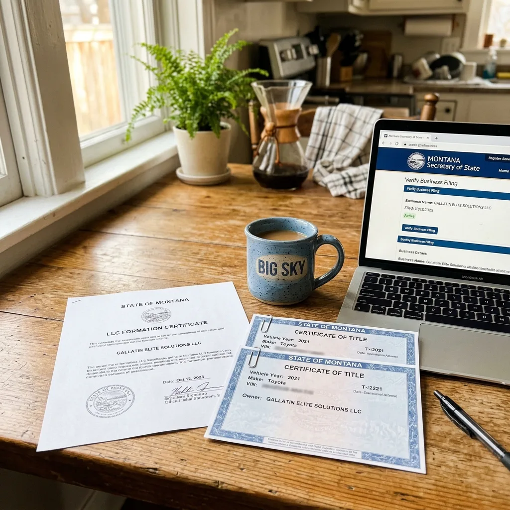 Couple at kitchen table completing Montana LLC formation documents and SF-97 paperwork for surplus military vehicle registration