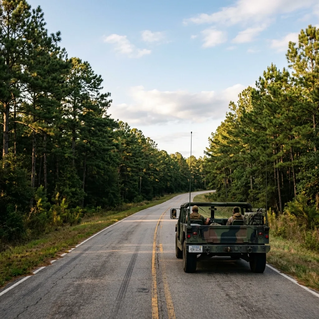 Decommissioned military HMMWV with Montana license plate driving on rural southern highway, legally registered surplus vehicle