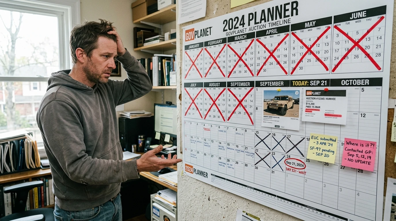 SF-97 timeline — wall calendar showing 8 months marked off waiting for government surplus vehicle plates
