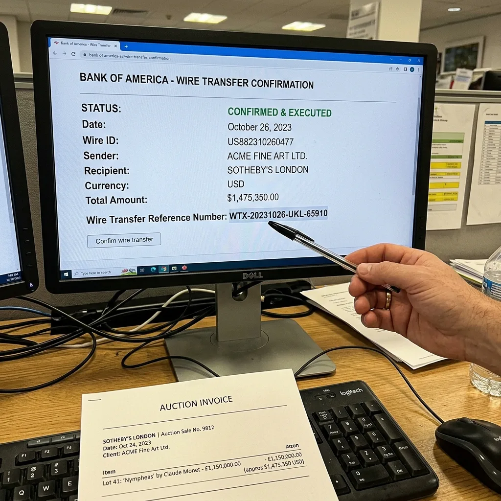 Bank wire transfer payment confirmation screen for government surplus vehicle auction purchase