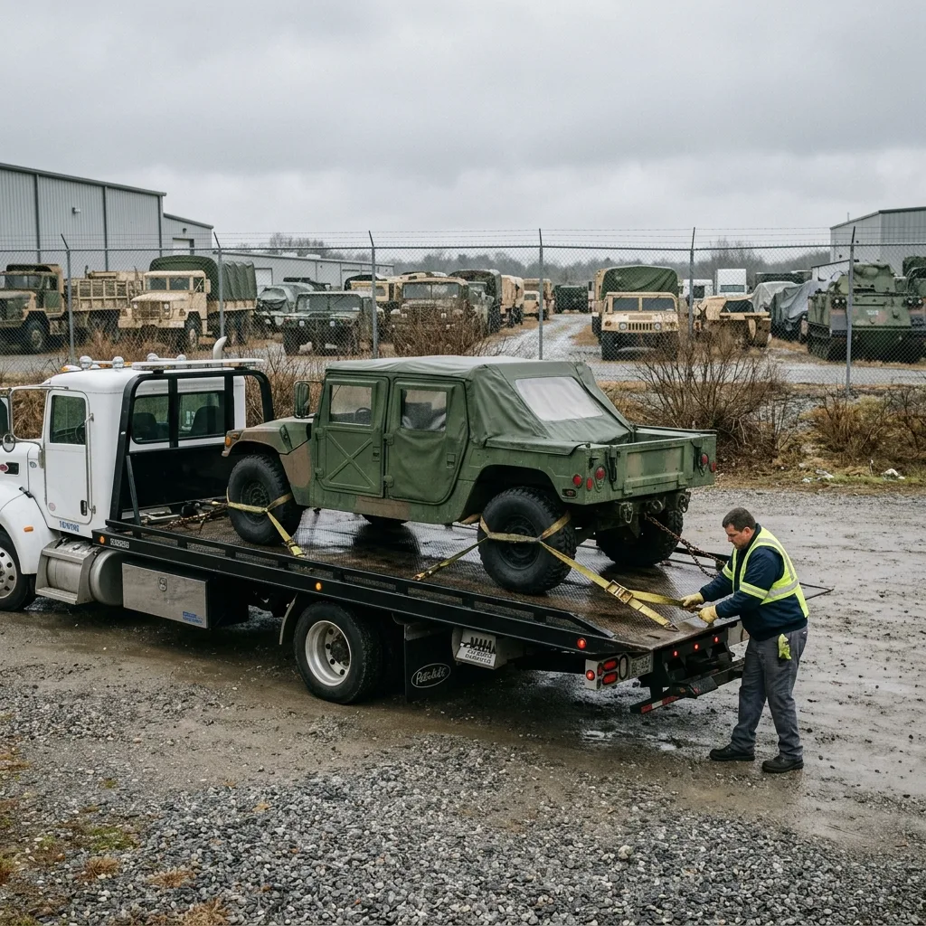 Military HMMWV M998 on commercial flatbed truck leaving government surplus depot after EUC approval