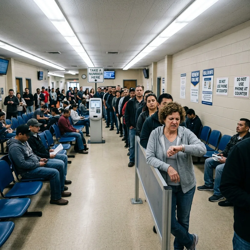 Long waiting room line at state Department of Motor Vehicles office for vehicle title processing