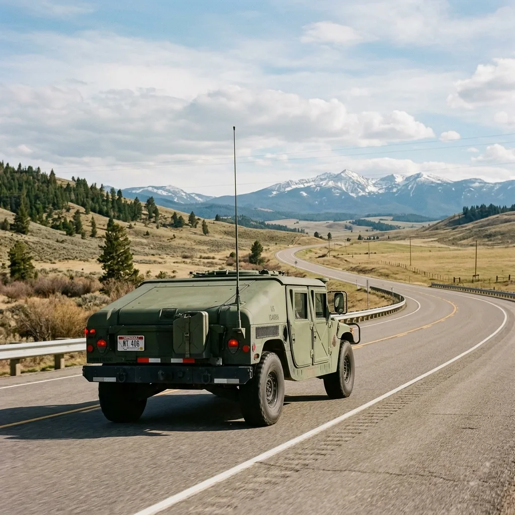 Military HMMWV M1097 with Montana license plate driving on rural highway after SF-97 title through Montana LLC