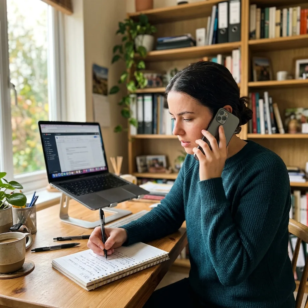 Person at home desk on phone with notes tracking SF-97 and EUC status with GovPlanet