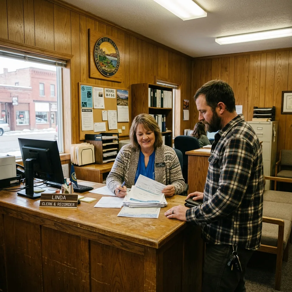 Montana county treasurer office clerk processing SF-97 military surplus vehicle title paperwork