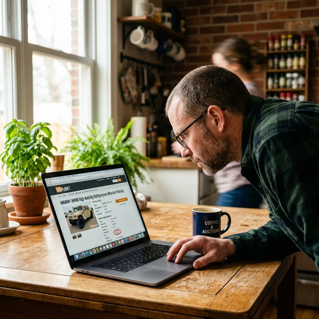 Man examining GovPlanet HMMWV auction listing on laptop showing VIN mismatch information
