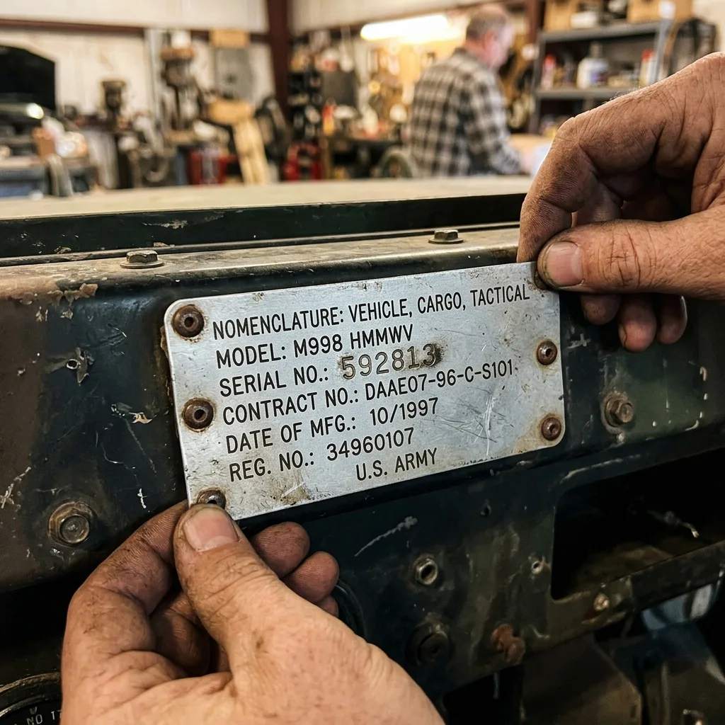 Military vehicle data plate close-up showing 6-digit serial number stamped in metal, not a standard 17-digit VIN