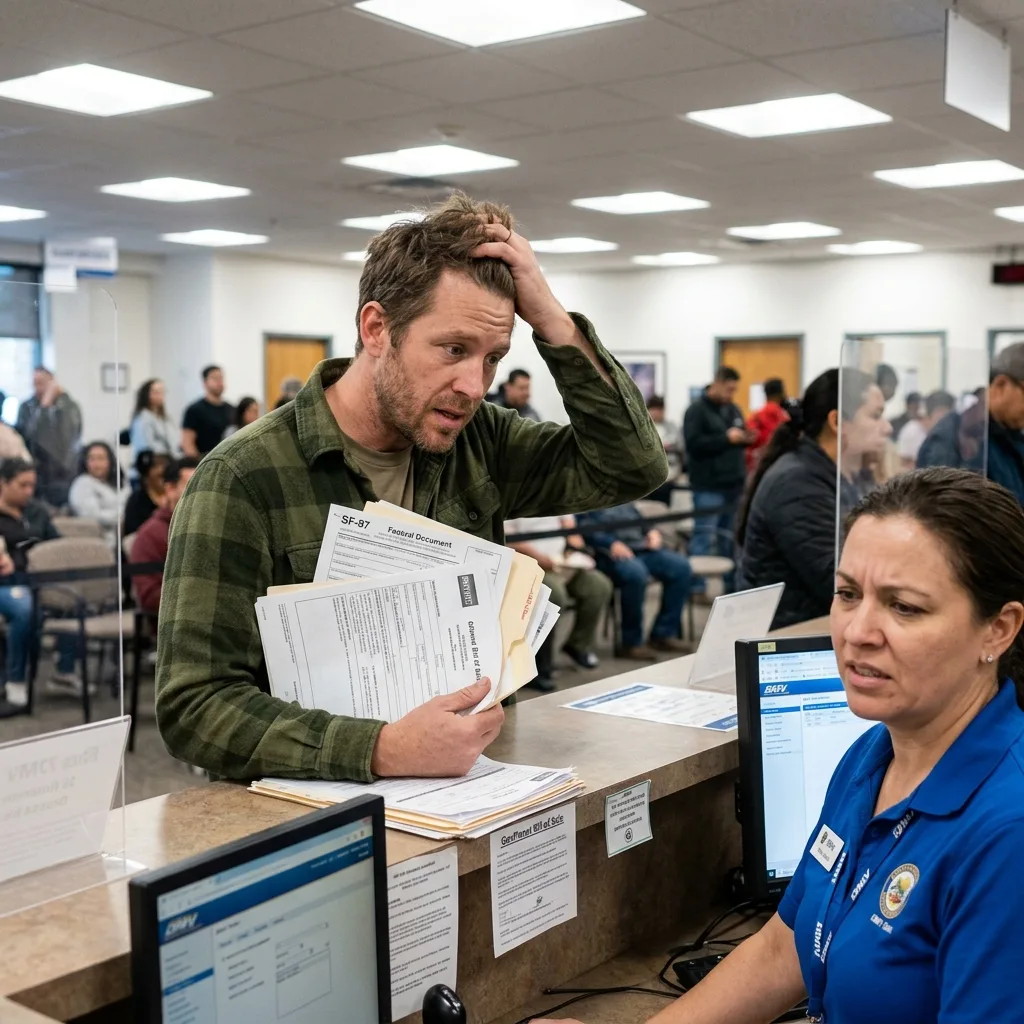 Frustrated buyer at state DMV counter with SF-97 military vehicle documents, clerk looking confused at computer screen