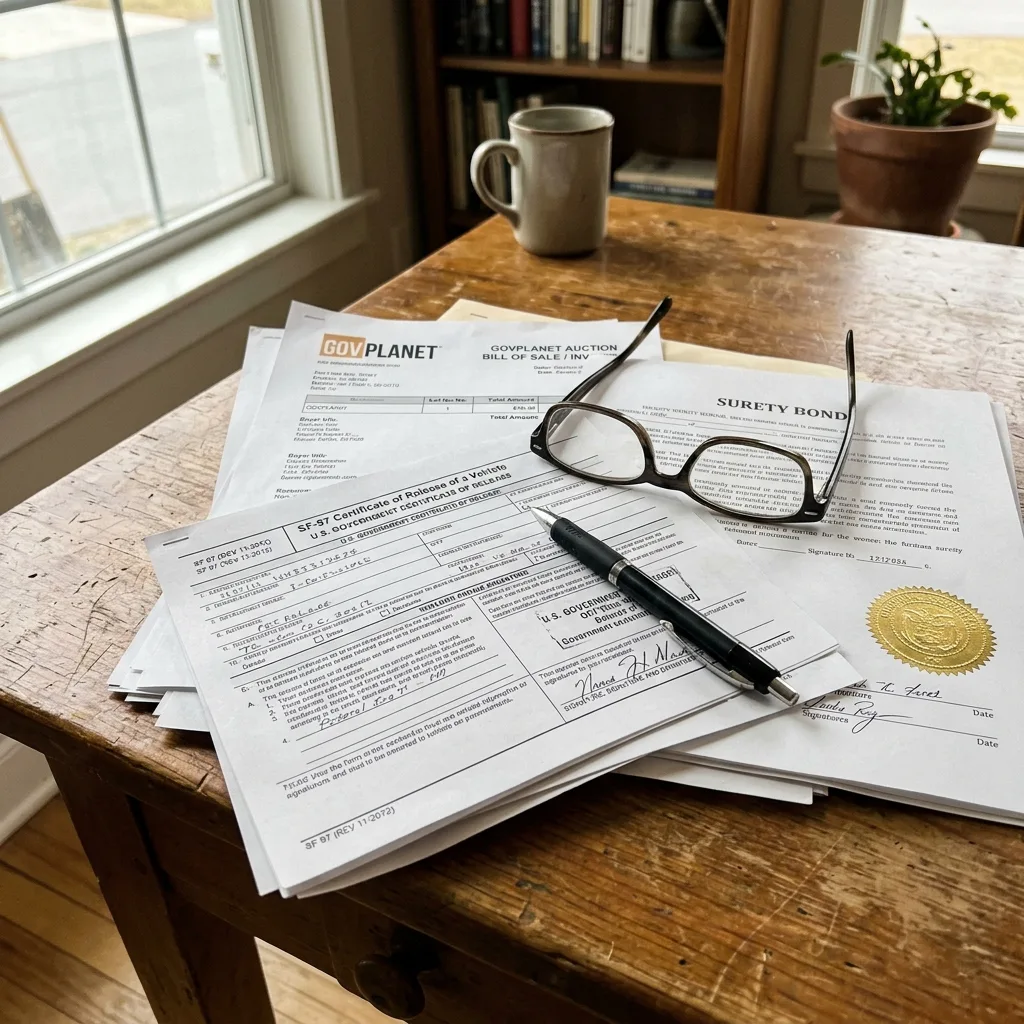Stack of SF-97 federal certificate, GovPlanet bill of sale, and surety bond documents for military vehicle title