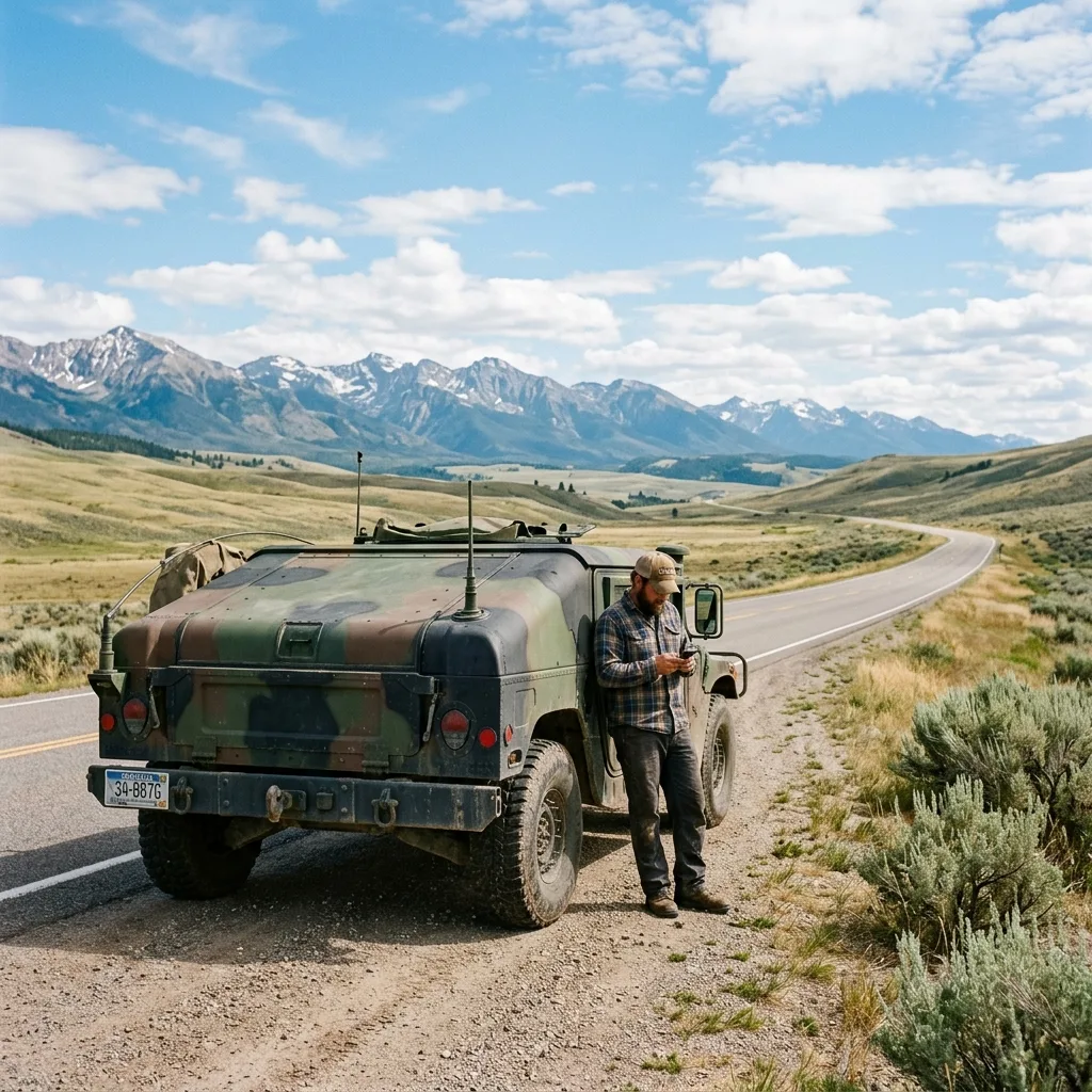 Military HMMWV M1097 with Montana license plate parked on rural Montana highway shoulder, mountains in background
