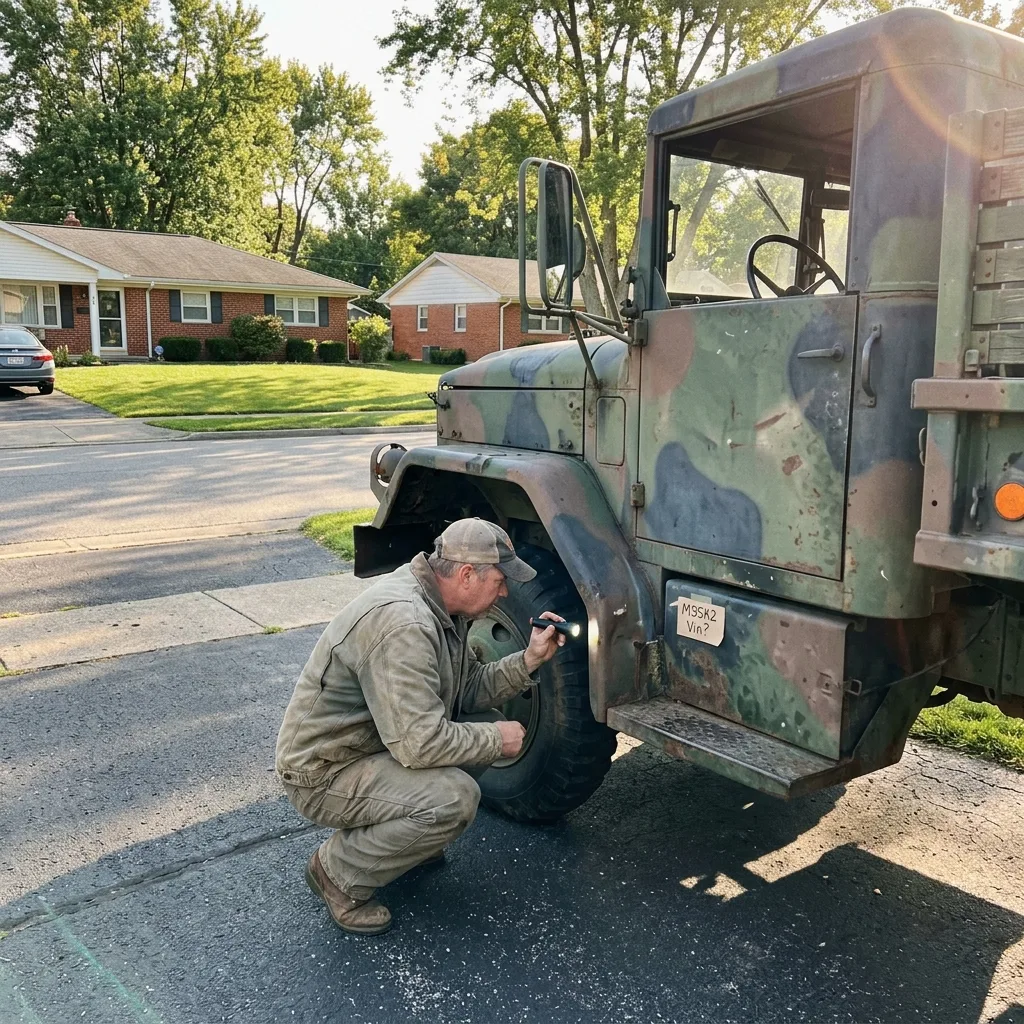 Military M35A2 deuce-and-a-half truck in suburban driveway, owner searching frame rail for serial number with flashlight