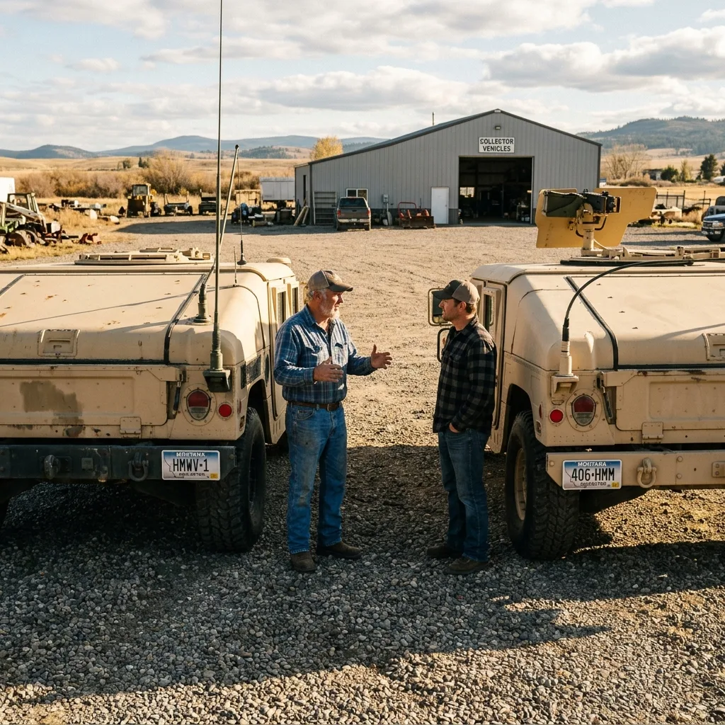 Two military HMMWV vehicles with Montana license plates in gravel lot, collector discussing vehicles with friend