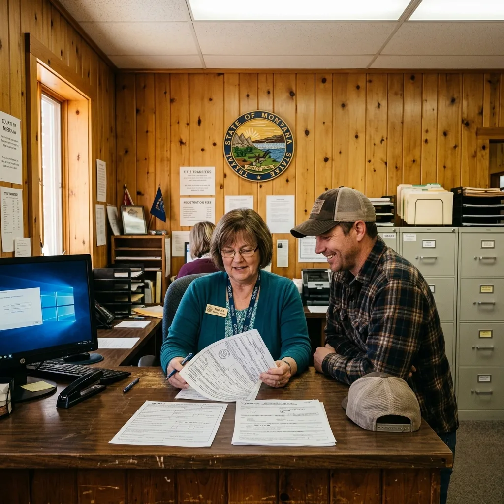 Montana county treasurer office clerk reviewing SF-97 military vehicle title paperwork at wooden counter