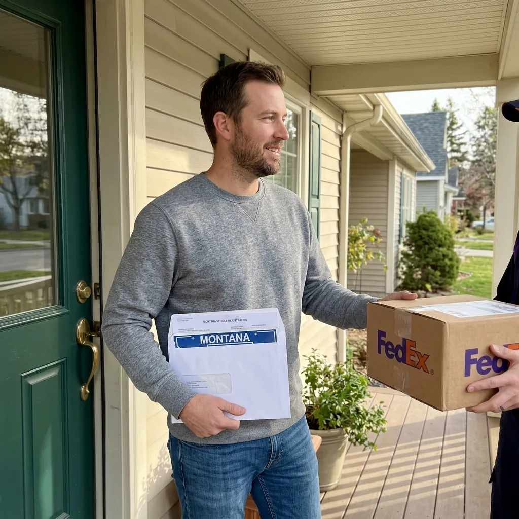 Man receiving FedEx envelope at front door containing Montana vehicle registration and permanent license plates