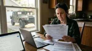 Person at kitchen table holding SF-97 federal vehicle release document with HMMWV visible through window