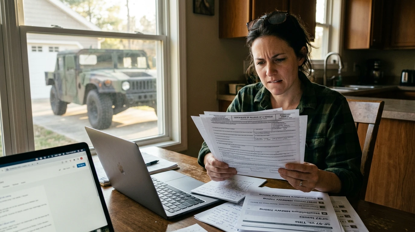 Person at kitchen table holding SF-97 federal vehicle release document with HMMWV visible through window